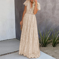 Robe longue maxi élégante formelle bohème en dentelle à manches courtes et col en V pour femmes, été, OEM
