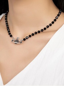 Western Queen Mother Vivienne Women Punk Black Zircon Beaded 925 <b>Silver</b> Necklace Luxury Fine Pendant Jewelry - Product Image 4