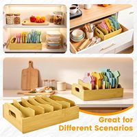 Organisateur de couvercles en bambou pour assiettes, support de rangement pour couvercles de contenants alimentaires avec 5 séparateurs ajustables, étagère de rangement de cuisine pour armoire et comptoir