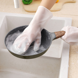Guantes Domésticos de PVC Grueso para Lavar Platos con Cepillo, Guantes Impermeables para Limpieza de Cocina, 40 cm de Largo, Color Sólido - Product Image 1