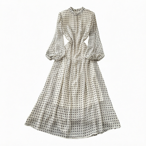 Women Maxi Dress High Neck Lantern Sleeve Polka Dot A-Line Loose Boho <b>Vintage</b> Woven Viscose Full Sleeve Flared Hem - Product Image 1