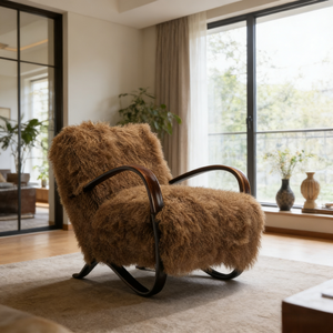 Fauteuil rembourré de style rétro moderne <span class=keywords><strong>avec</strong></span> accoudoirs en bois courbés et accent en fourrure longue en laine pour salon - Product Image 1