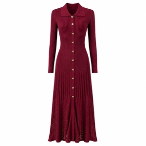 Robe longue maxi en maille ajourée pour femme, manches longues, boutonnage simple, décontractée d'été, coupe ajustée, col en V, à lacets, antistatique, naturelle - Product Image 3