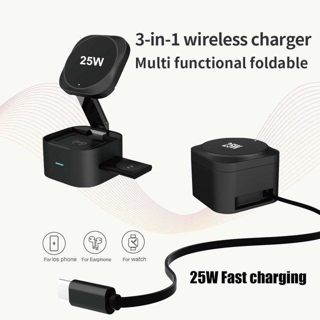 Factory 2026 new trending GY-W24 Premium charging station folding fast 25W magnetic 3-in-1 phone watch earbud wireless charger