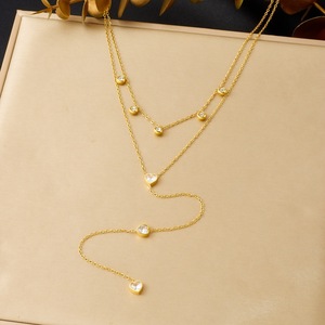 Heart Shape Layered Gold Plated Stainless Steel Necklace With Diamond Bezel Setting For Gift - Product Image 1
