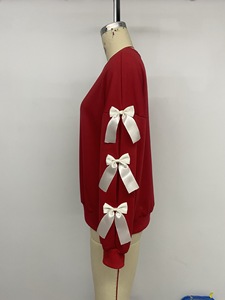 Mùa Thu Mùa Đông Áo Thun Áo Nỉ Màu Đỏ Giáng Sinh Bow Thiết Kế Quá Khổ Crewneck Áo Phụ Nữ - Product Image 5
