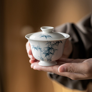 Guanlan Hand Painted Blue Bamboo Porcelain Gaiwan With Lid Single Handheld <b>Tea</b> Bowl For Kung Fu <b>Tea</b> <b>Set</b> - Product Image 1
