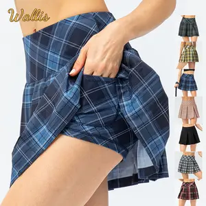 Logo kustom rok Golf olahraga berlipat Yoga latihan seragam kotak-kotak perempuan sekolah 2 In 1 rok tenis pendek Mini seksi wanita