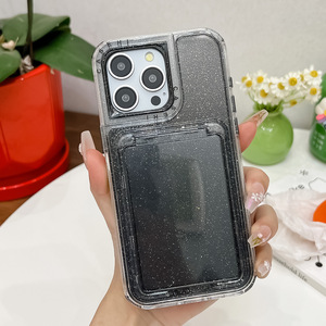 Étui de téléphone pour iPhone avec porte-cartes pailleté, coque intégrale en TPU et PC avec miroir pour Apple 15 Pro - Product Image 1