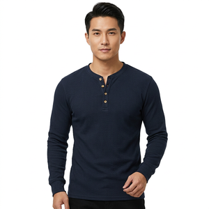 Desmiope <b>Men's</b> Long Sleeve <b>Henley</b> T-Shirt Slim Fit Solid Black Cotton Knitted Casual O-Neck <b>Top</b> - Product Image 3