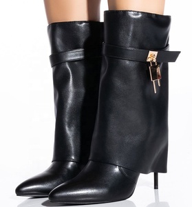 Fold Over Stiletto Women High Thin Heels <b>Booties</b> Girl's Shark Lock Short <b>Ankle</b> Boots Fancy Overlay Shoes - Product Image 1