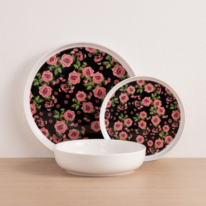 Juego de Vajilla de Cerámica Estilo Francés con Rosas, Platos y Tazones de Porcelana Fina con Diseño Floral Negro y Rosa, Ideal para Bodas, Hoteles y Restaurantes, Venta al por Mayor - Product Image 1