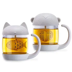 280ML Eco Friendly Cute Cat Glass Cup Tea Mug With Fish Tea Infuser Strainer Filter