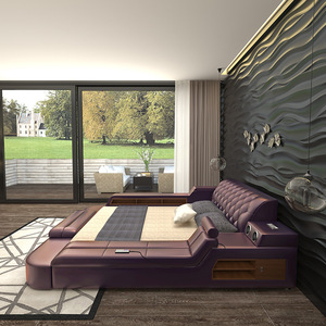 الفاخرة الملكة حجم الخشب الذكية السرير مع تدليك أثاث غرفة نوم 1.5m الجلود متعددة الوظائف الذكية هيكل سرير - Product Image 6