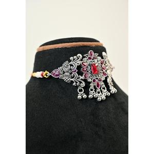 Flower Pattern Oxidised Chik Set <b>Silver</b> <b>Choker</b> Necklace With Red Cubic Zirconia For Women Party Jewelry Vintage Style - Product Image 6