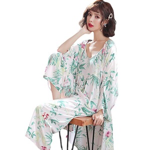 Conjunto de bata de seda y algodón con estampado floral, camisola de manga larga, ropa de dormir para mujer, ropa de dormir de verano estilo coreano - Product Image 5