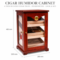 Grand meuble vitrine à cigares en bois et verre avec 4 niveaux de plateaux en cèdre espagnol, hygromètre, serrure et clé, accessoires pour cigares