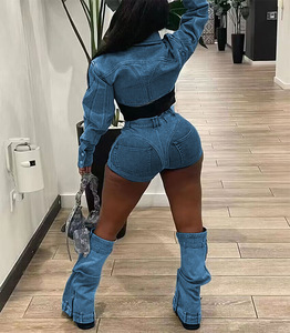 Kleidung Stylish Street Women Elastic ity Splicing Kurz geschnittene Jacke Denim Shorts Set Zweiteilige Damen Sets - Product Image 5