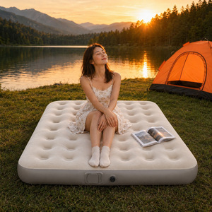 Beige Inflatable <b>Air</b> Mattress with Built-in <b>Pump</b> Flocked PVC Sleeping <b>Bed</b> for Camping Home Travel - Product Image 1