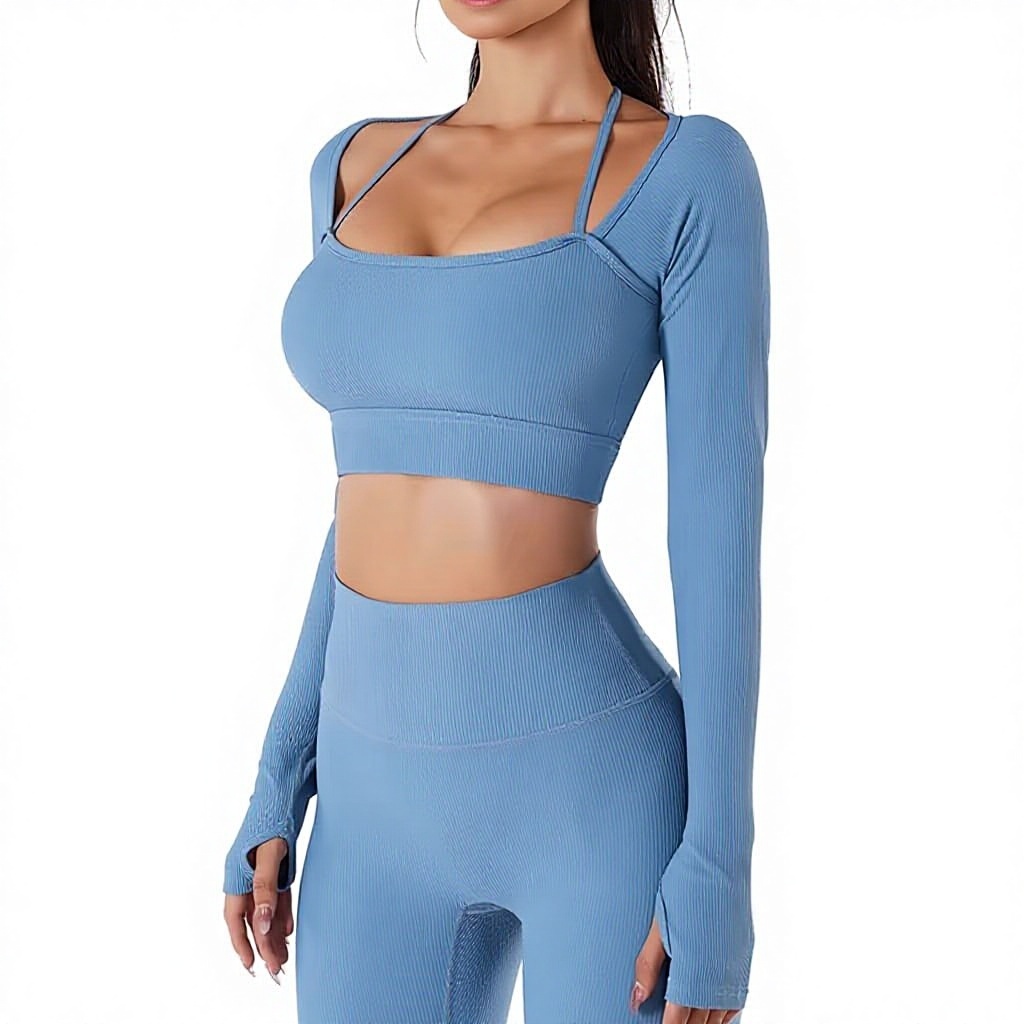 Women's Solid Breathable 2-Piece Workout Set Long Sleeve Sportswear High Elastic Waist Athletic Yoga Shorts & Pants Gym Fitness