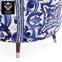 Ensemble de fauteuil et pouf en tissu de porcelaine bleu et blanc moderne Dossier incurvé durable Canapé pour salon Loisirs