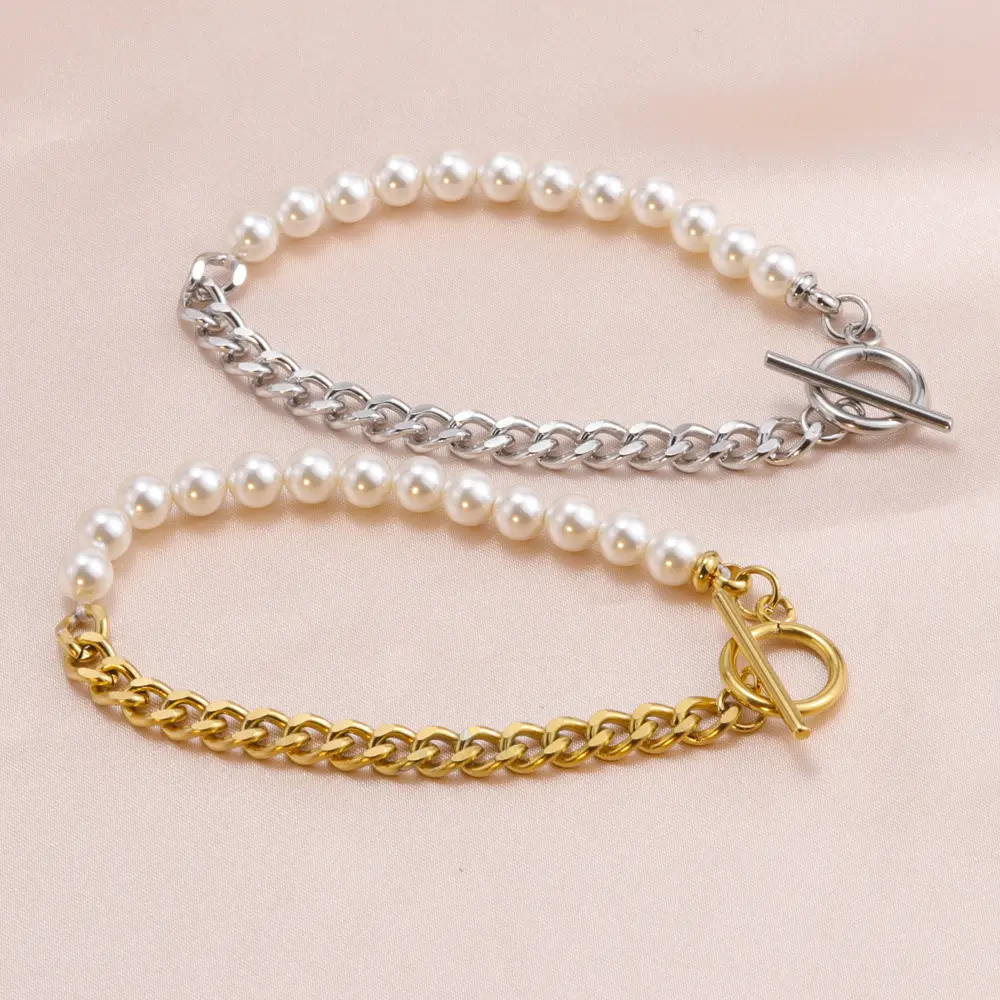 2023 Hot Sale Round White Pearl Cuban Chain Stainless Steel Necklace Girls Necklace Bracelet Set