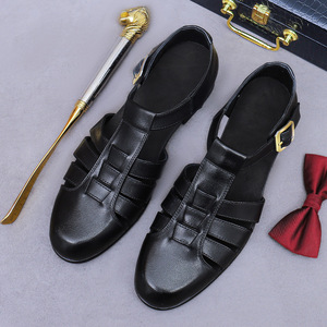 Summer Baotou flip-flops, retro <b>matte</b> leather, genuine leather flip-flops with buckle, men's slip-on shoes - Product Image 5