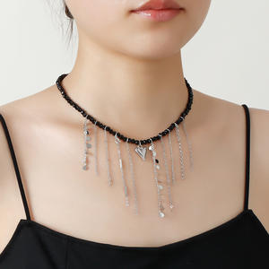 European and American French Fashion Black Crystal Beaded <b>Tassel</b> Chain Unique Niche Design Versatile Heart Necklace - Product Image 1