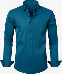 Camisa de Negocios de Algodón Azul de Manga Larga para Hombre, Corte Entallado, Cuello con Muescas, Antiarrugas, Largo Regular, Tejido de Sarga - Product Image 6