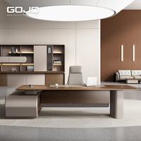Bureau de direction moderne haut de gamme en forme de L en noyer, table de bureau de PDG, bureau commercial avec armoire de rangement