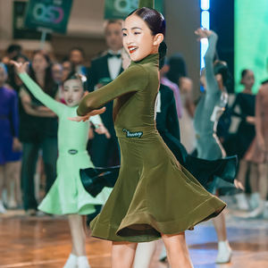 Tenue de <span class=keywords><strong>Danse</strong></span> Latine pour Filles - Robe Tutu en Polyester à Manches Longues et Jupe, Col Montant, Fermeture à Crochets, pour Compétition et Entraînement Scénique - Product Image 1