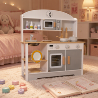 Set Mainan Dapur Kayu dengan Microwave, Wastafel, Keran, Jam, dan Peralatan Masak, Dilengkapi Tempat Penyimpanan untuk Balita