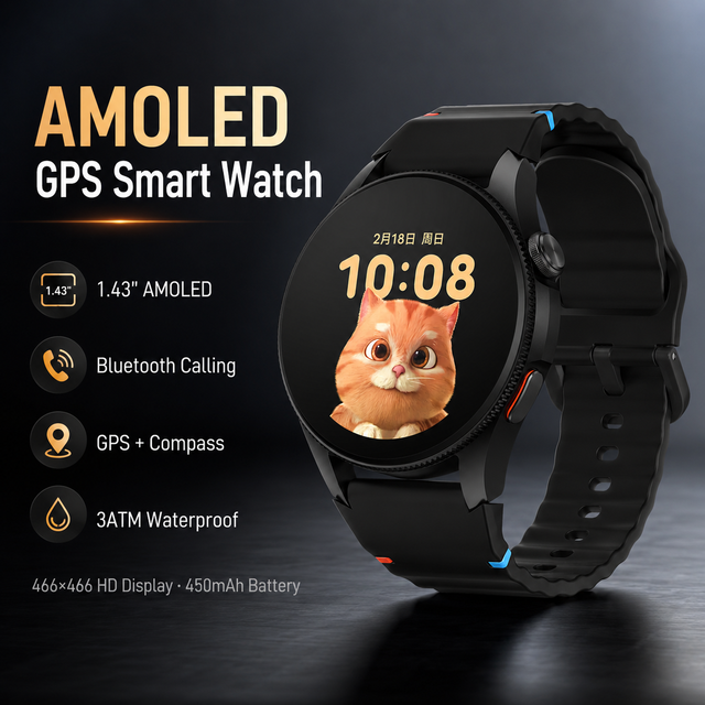 OEM ODM Round GPS Smart Watch 1.43 Inch AMOLED 466x466 Calling 3ATM 450mAh Custom Logo Smartwatch