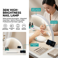 Lampe de table pour manucure 36W en forme de demi-lune avec repose-main et support pour téléphone, 240 LED, dorée, pour salon de beauté