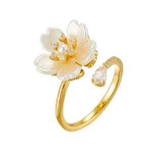 Flower Pearl Open <b>Ring</b> <b>Adjustable</b> Gold Plated Wedding Jewelry R12867 - Product Image 5