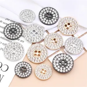 Round Shape 4 Hole 4 Holes Gold Metal Engraved Sew On Buttons With Rhinestone Diamond Crystals Acrylic