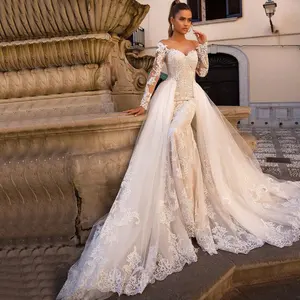 Robe de mariée sirène à manches longues, modulable, de luxe, détachable sur mesure, robe de mariée
