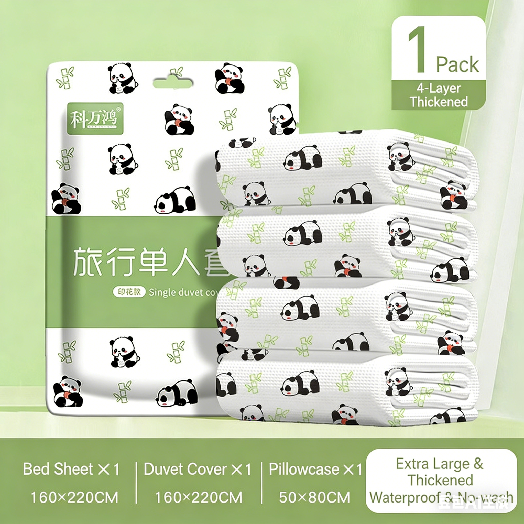 Ensemble de literie de voyage jetable imprimé Panda, 3 pièces