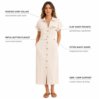 Robe chemise en jean personnalisée avec logo pour femme, manches courtes, boutonnée, longueur midi, poche poitrine, OEM ODM, faible MOQ, fournisseur en gros