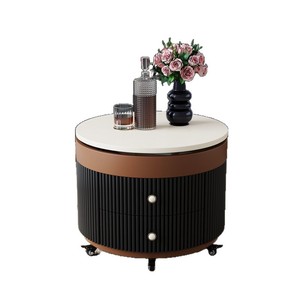 Mesa de centro moderna redonda giratoria con almacenamiento, tapa de madera color crema, móvil, para sala de estar, diseño minimalista - Product Image 5