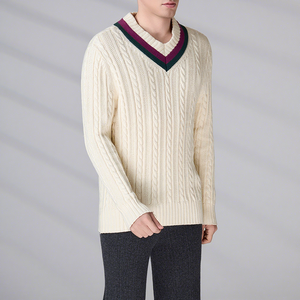 Custom Logo OEM ODM Men's Cable Knit V-Neck <b>Jumper</b> GOTS Cotton <b>Thick</b> Winter Pullover Regular Sleeve Knitted Sweater - Product Image 5