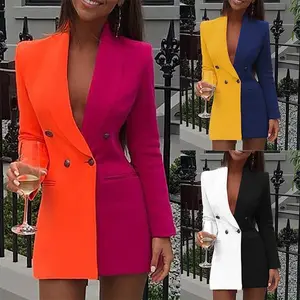 Ince tasarım kadınlar uzun kollu Blazer elbise seksi standı yaka kruvaze elbiseler