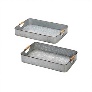 Handmade Galvanized Food Serving Tray With Wooden Handles Set Of 2 <b>Grey</b> Color Tea Coffee Serving Tray For Sale - Product Image 1