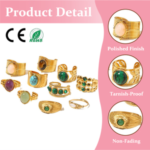 Vente en gros de bagues ouvertes en acier inoxydable vintage euro-américain plaqué or 18 carats avec pierres précieuses opales, bijoux vintage pour femmes - Product Image 1