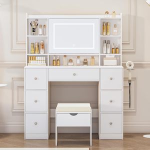 OEM/ODM Wenfeng Modern White Bathroom Hospital <strong>Dressing</strong> Room Vanity Desk <strong>LED</strong> Dimmable Lighted <strong>Mirror</strong> 7 Drawers Storage Wood - Product Image 4