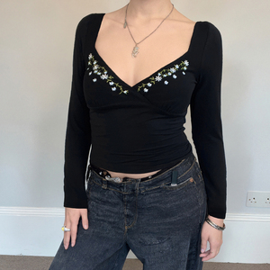 Top vintage à col carré, coupe ajustée, broderie florale, manches longues, fille sexy, décolleté plongeant, t-shirt polyvalent - Product Image 2