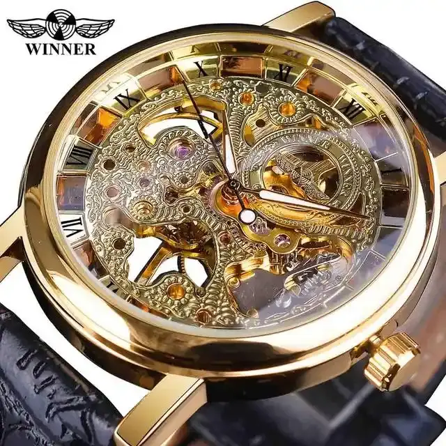 WINNER 103M Men Mechanical Watches Royal Carving Automatic Brown Leather Strap Luxury Transparent Thin Skeleton Design