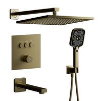 Ensemble de douche de luxe en laiton doré avec robinets thermostatiques, modèle à bouton-poussoir, double poignée, mitigeur chaud/froid, douchettes pluie et massage