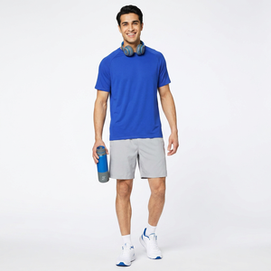 T-shirt pour homme en coton chenille bleu royal, nouveau style tendance, manches contrastées, vêtements avec broderie - Product Image 1