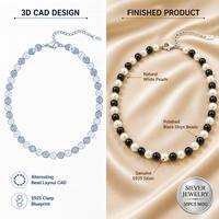 Collier en perles d'eau douce de 8 mm, agate noire, argent sterling S925, collier à brins alternés, 40+5 cm, bijoux élégants pour femmes, pour les soirées